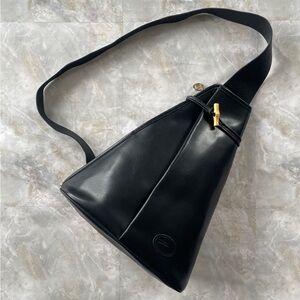 Vintage 90s Longchamp Roseau Black Smooth French Leather Sling Bag Gold Hardware